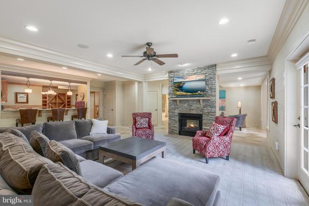 Fireplace, Interior, Living room, Pendant Lights, Recessed Lighting, Stone Walls