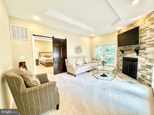 Bedroom, Fireplace, Interior, Living room, Recessed Lighting, Stone Walls