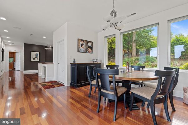 Dining room, Interior, Pendant Lights, Recessed Lighting, Wood Texture Flooring