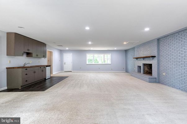 Empty room, Fireplace, Interior, Kitchen, Recessed Lighting, Stone Walls