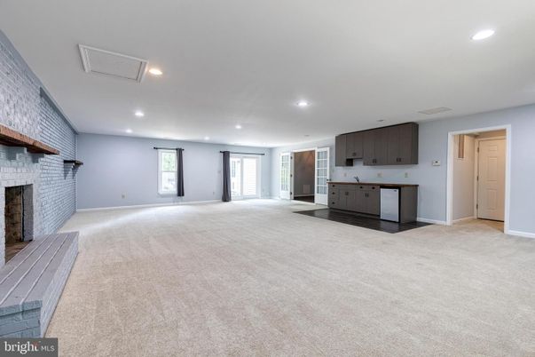 Empty room, Fireplace, Interior, Kitchen, Recessed Lighting, Stone Walls