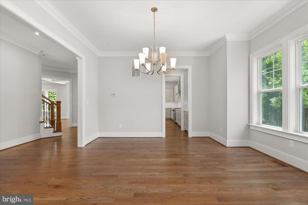 Chandelier, Empty room, Interior, Recessed Lighting, Wood Texture Flooring