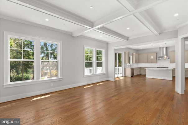 Empty room, Interior, Kitchen, Pendant Lights, Recessed Lighting, Wood Texture Flooring