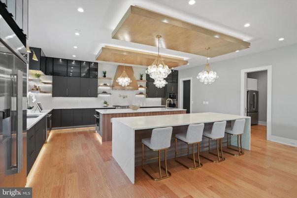 Chandelier, Interior, Kitchen, Pendant Lights, Recessed Lighting, Stainless Steel Appliances, Wood Texture Flooring