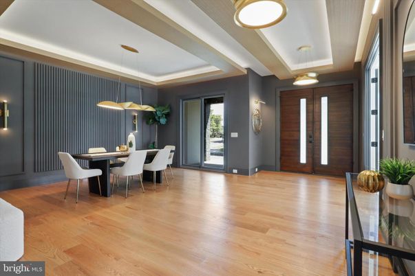 Dining room, Interior, Pendant Lights, Wood Texture Flooring