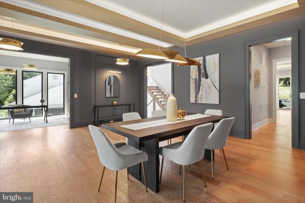 Dining room, Interior, Pendant Lights, Wood Texture Flooring