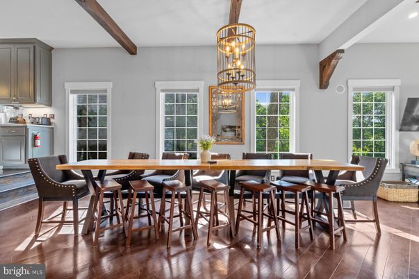 Chandelier, Dining room, Interior, Recessed Lighting, Wooden Beams, Wood Texture Flooring
