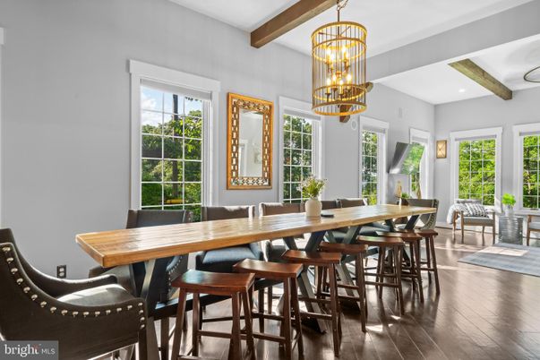 Chandelier, Dining room, Interior, Recessed Lighting, Wooden Beams, Wood Texture Flooring