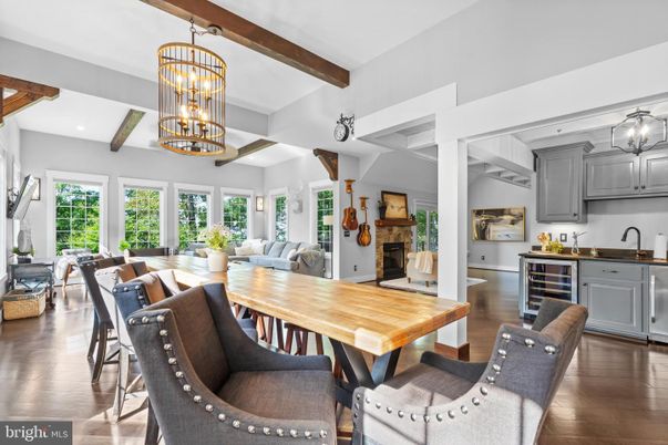Chandelier, Dining room, Fireplace, Interior, Kitchen, Living room, Pendant Lights, Wooden Beams, Wood Texture Flooring
