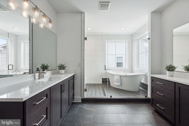 Bathroom, Dual Sink Vanities, Free Standing Baths, Glass Shower, Interior, Recessed Lighting