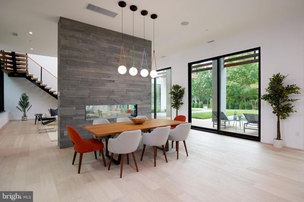 Dining room, Interior, Pendant Lights, Recessed Lighting, Wood Texture Flooring, Wooden Walls