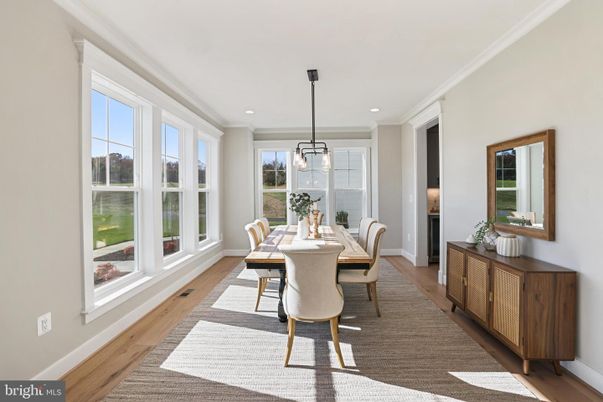 Dining room, Interior, Pendant Lights, Recessed Lighting, Wood Texture Flooring