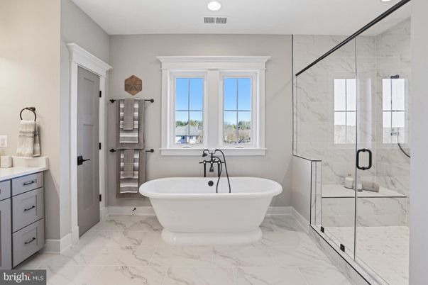 Bathroom, Free Standing Baths, Glass Shower, Interior, Marble, Marble Walls, Recessed Lighting