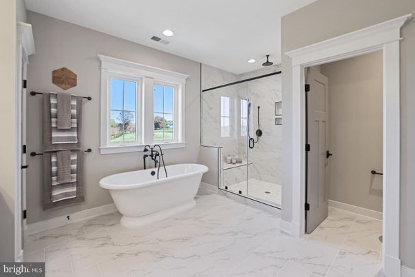 Bathroom, Free Standing Baths, Glass Shower, Interior, Marble, Marble Walls, Recessed Lighting