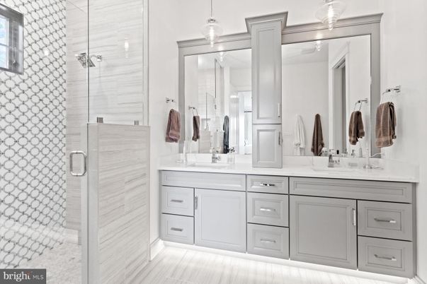 Bathroom, Dual Sink Vanities, Glass Shower, Interior, Pendant Lights