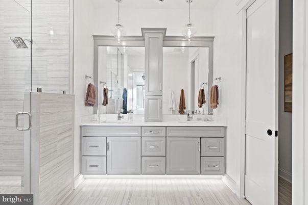 Bathroom, Dual Sink Vanities, Glass Shower, Interior, Pendant Lights