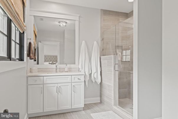 Bathroom, Glass Shower, Interior, Recessed Lighting, Wood Texture Flooring