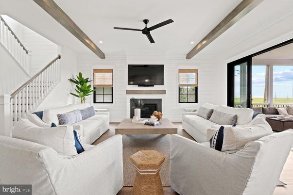 Fireplace, Interior, Living room, Recessed Lighting, Stone Walls, Wooden Beams, Wood Texture Flooring
