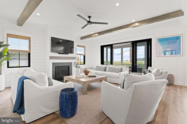 Fireplace, Interior, Living room, Recessed Lighting, Wooden Beams, Wood Texture Flooring