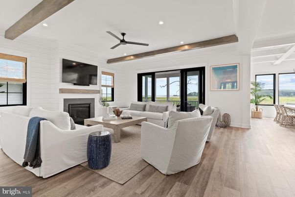 Fireplace, Interior, Living room, Recessed Lighting, Water, Wooden Beams, Wood Texture Flooring
