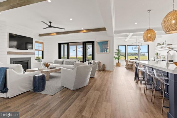Fireplace, Interior, Living room, Pendant Lights, Recessed Lighting, Wood Texture Flooring