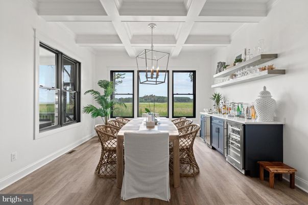 Dining room, Interior, Pendant Lights, Wood Texture Flooring