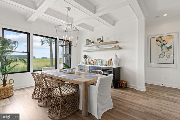 Dining room, Interior, Pendant Lights, Recessed Lighting, Water, Wood Texture Flooring