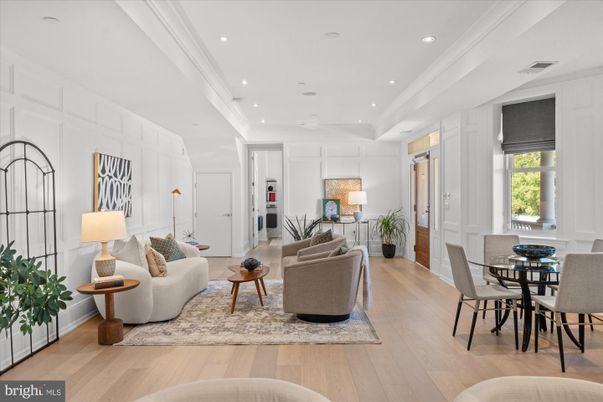 Dining room, Interior, Living room, Recessed Lighting, Wood Texture Flooring