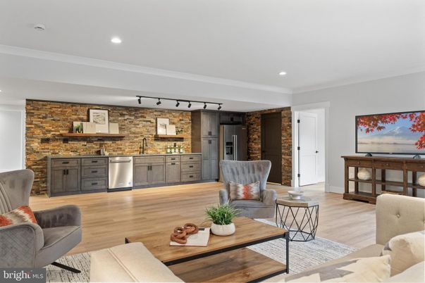 Interior, Kitchen, Living room, Recessed Lighting, Stainless Steel Appliances, Stone Walls, Wood Texture Flooring