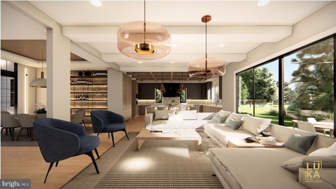 Dining room, Interior, Living room, Pendant Lights, Recessed Lighting, Wood Texture Flooring