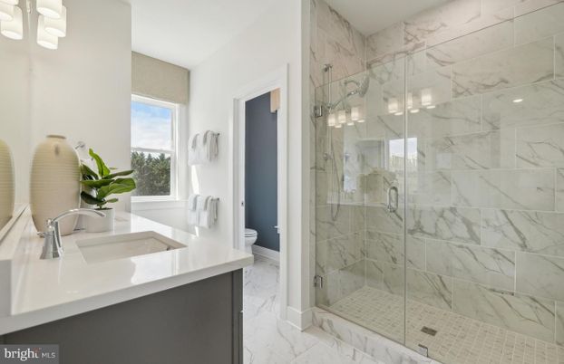 Bathroom, Glass Shower, Interior, Marble, Marble Walls, Recessed Lighting