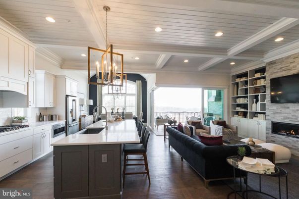 Fireplace, Interior, Kitchen, Living room, Pendant Lights, Recessed Lighting, Stone Walls, Wooden Ceilings, Wood Texture Flooring