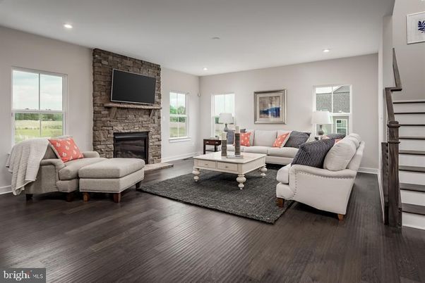 Fireplace, Interior, Living room, Recessed Lighting, Stone Walls, Wood Texture Flooring