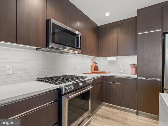 Interior, Kitchen, Recessed Lighting, Stainless Steel Appliances, Wood Texture Flooring