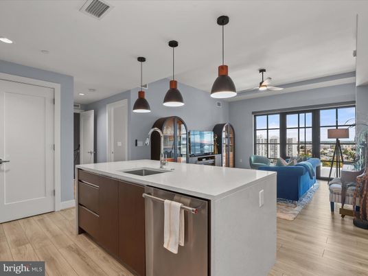 Interior, Kitchen, Living room, Pendant Lights, Recessed Lighting, Wood Texture Flooring