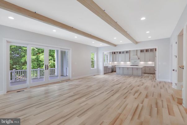 Empty room, Interior, Kitchen, Recessed Lighting, Wooden Beams, Wood Texture Flooring