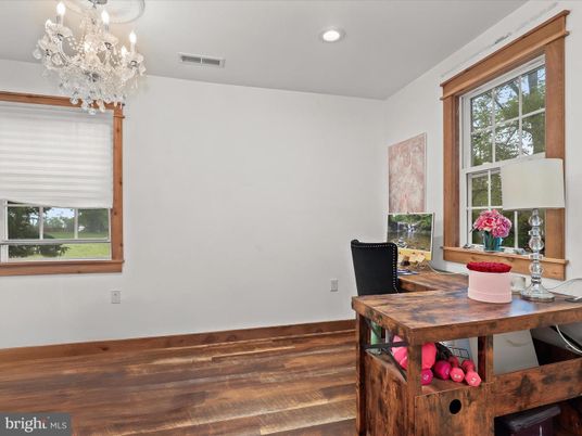 Chandelier, Home Office, Interior, Recessed Lighting, Wood Texture Flooring