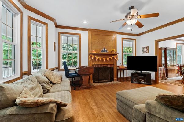 Fireplace, Home Office, Interior, Living room, Recessed Lighting, Wood Texture Flooring