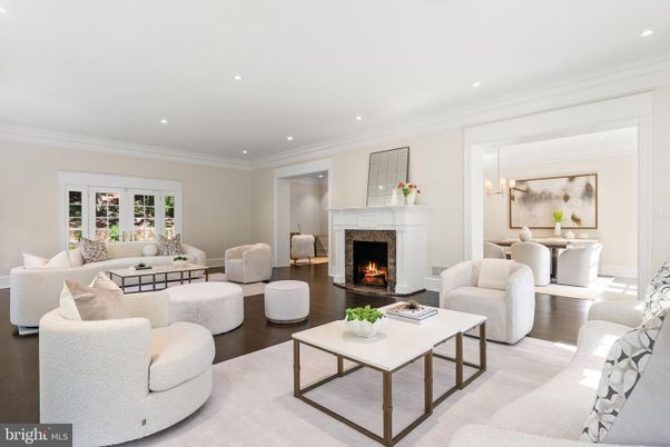 Dining room, Fireplace, Interior, Living room, Recessed Lighting, Wood Texture Flooring