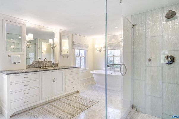 Bathroom, Dual Sink Vanities, Free Standing Baths, Glass Shower, Interior, Recessed Lighting