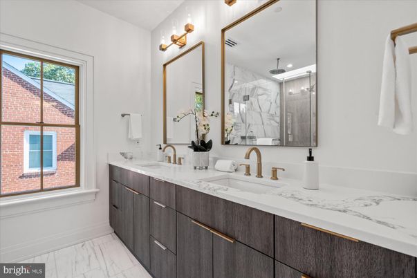 Bathroom, Dual Sink Vanities, Glass Shower, Interior, Marble, Marble Walls
