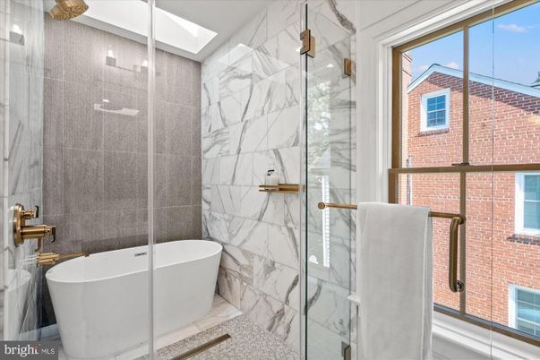 Bathroom, Free Standing Baths, Glass Shower, Interior, Marble Walls