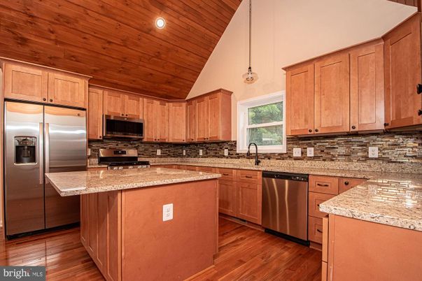 Interior, Kitchen, Pendant Lights, Recessed Lighting, Stainless Steel Appliances, Wooden Ceilings, Wood Texture Flooring