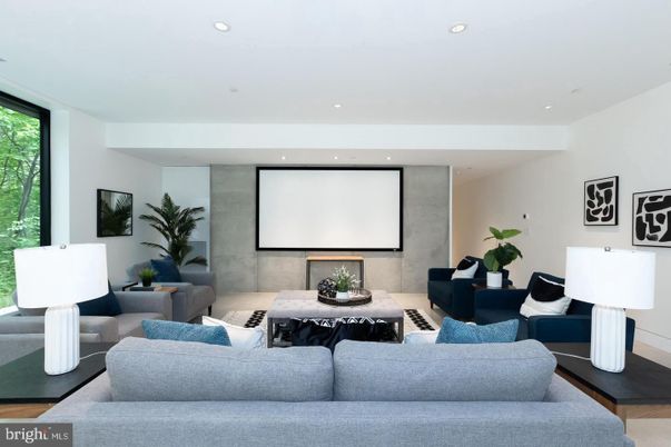 Interior, Living room, Projection Screen, Recessed Lighting, Wood Texture Flooring