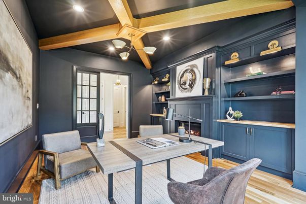Fireplace, Home Office, Interior, Recessed Lighting, Wooden Beams, Wood Texture Flooring
