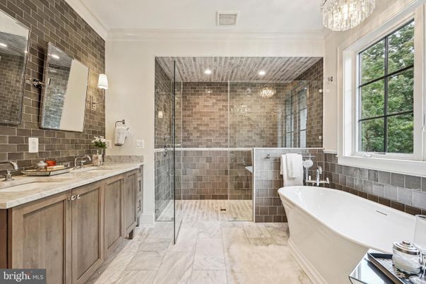 Bathroom, Dual Sink Vanities, Free Standing Baths, Glass Shower, Interior, Marble, Recessed Lighting