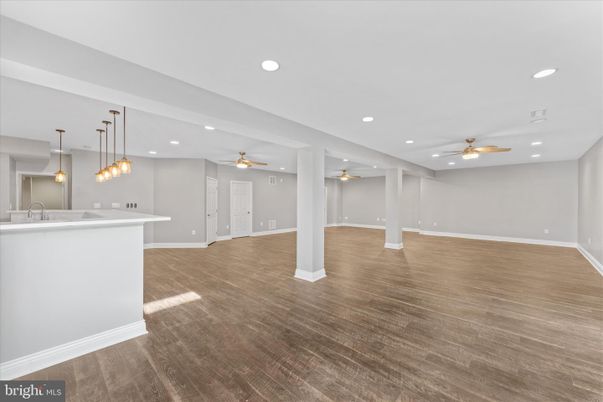 Empty room, Interior, Pendant Lights, Recessed Lighting, Wood Texture Flooring