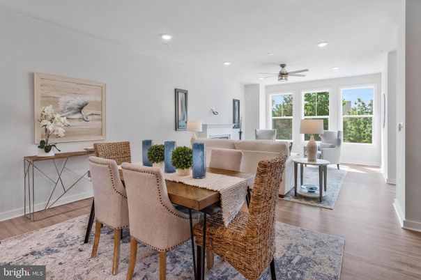 Dining room, Interior, Living room, Recessed Lighting, Wood Texture Flooring