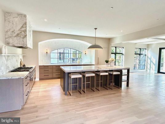 Interior, Kitchen, Marble Walls, Pendant Lights, Recessed Lighting, Wood Texture Flooring