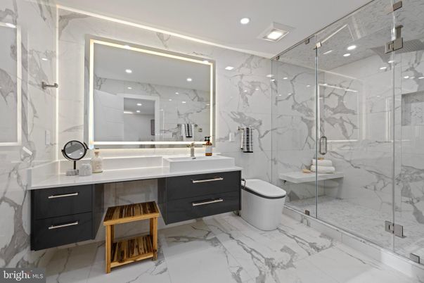 Bathroom, Glass Shower, Interior, Marble, Marble Walls, Recessed Lighting